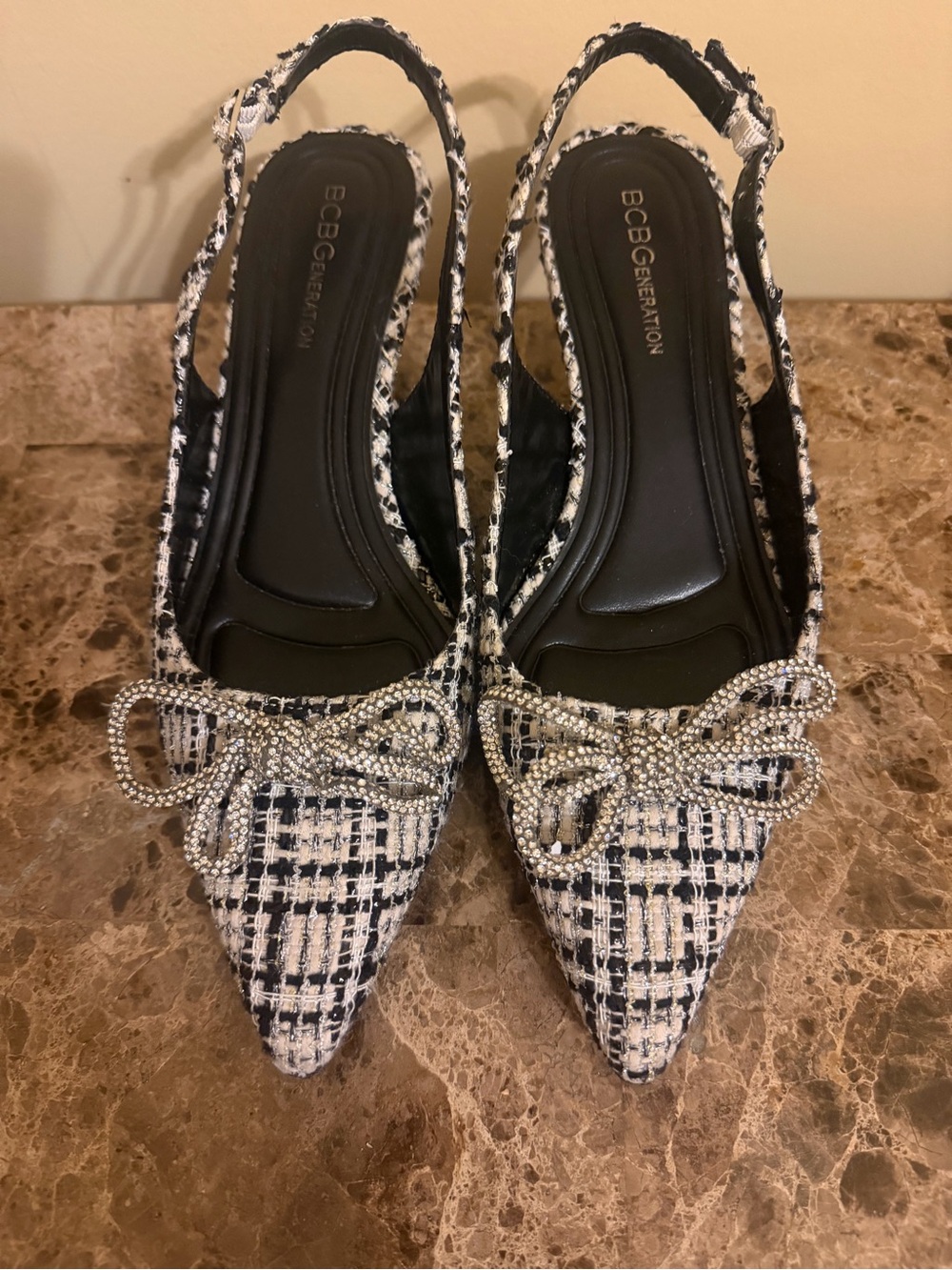 BCBGeneration Black and White Tweed Pointed Slingback Heels with Rhinestone Bow
